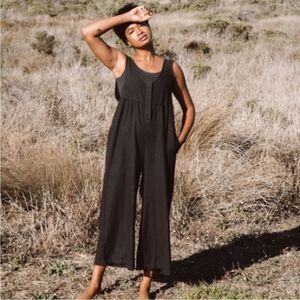 Longway Sunset Black Wide Leg Boho Button Front Pockets Jumpsuit Minimalist